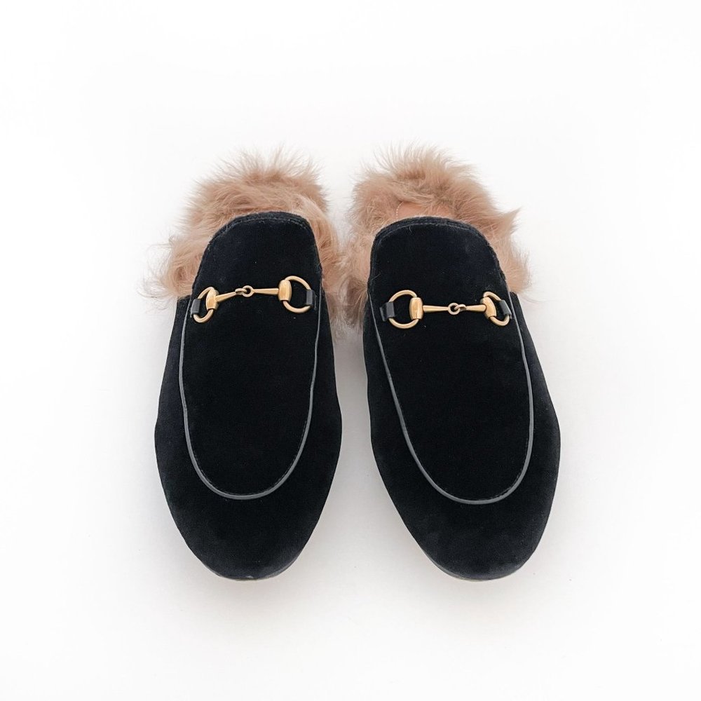 Gucci Princetown Fur Slipper EU 40 US 10 Black Velvet Horsebit Mule Loafer Flat - Picture 2 of 11